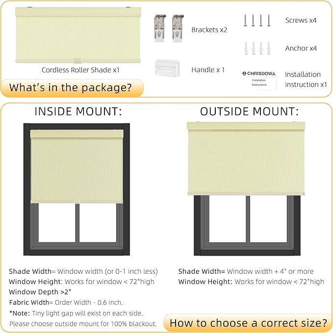 ChrisDowa Cordless Blackout Roller Shades for Windows, Striped Free-Stop Window Blinds with Privacy, Thermal Insulated Window Shades for Home, Office and Door. Beige, 72" W x 72" H
