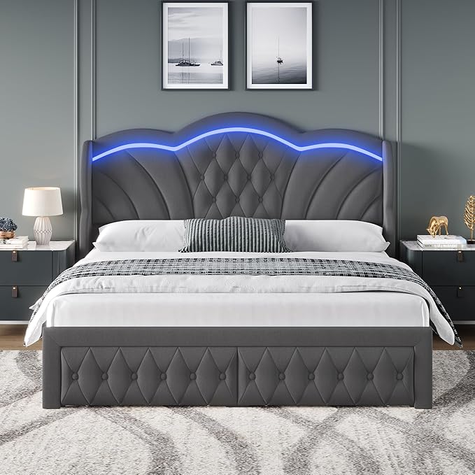 Keyluv Full Bed Frame with LED Lights and 2 Storage Drawers, Velvet Upholstered Platform with 47" Tall Arc-Shaped Wingback Headboard and Button Tufted Design, No Box Spring Needed, Noise-Free, Gray