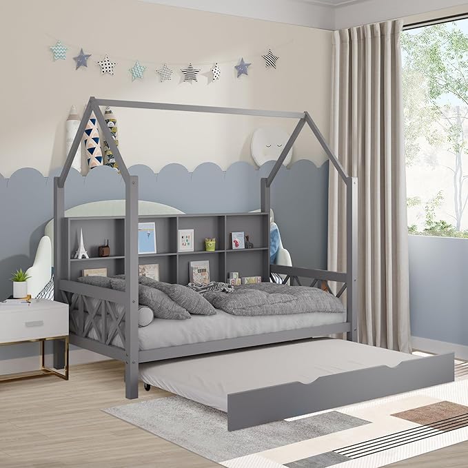 Full House Bed with Trundle and Storage Shelf for Kids, Wooden Full Size Bed Frame with Roof Guardrails Wood Slats Headboard for Boys Girls,No Box Spring Required, Gray