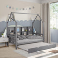 Full House Bed with Trundle and Storage Shelf for Kids, Wooden Full Size Bed Frame with Roof Guardrails Wood Slats Headboard for Boys Girls,No Box Spring Required, Gray