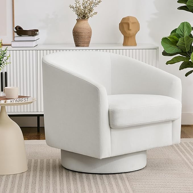 Swivel Barrel Accent Chair, Round Chenille Fabric Living Room Arm Chairs, Modern Upholstered Comfty Reading Nook Chairs for Bedroom, Small Club Armchair, Single Sofa Side Chair, White