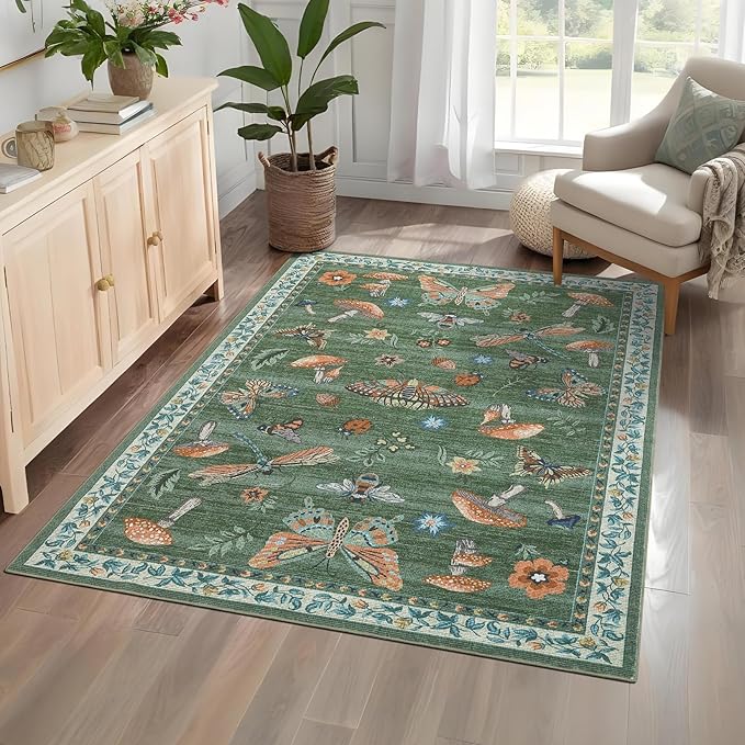 Mushroom Washable Area Rug 6x9 Rugs for Living Room Soft Low-Pile Stain Resistant Thin Carpet for Bedroom Dining Nursery Non Slip Mat with Rubber Black