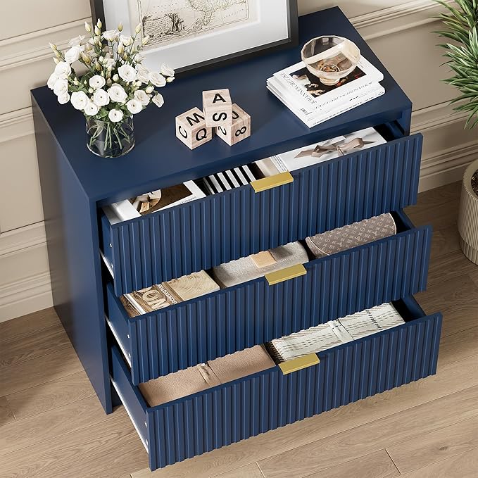 Navy Blue Dresser for Bedroom, Modern Dresser with 3 Drawers and Smooth Slides, Wide Chest of Drawers with Golden Handles for Bedroom, Living Room, Closet, 15.7" D x 31.5" W x 29.6" H