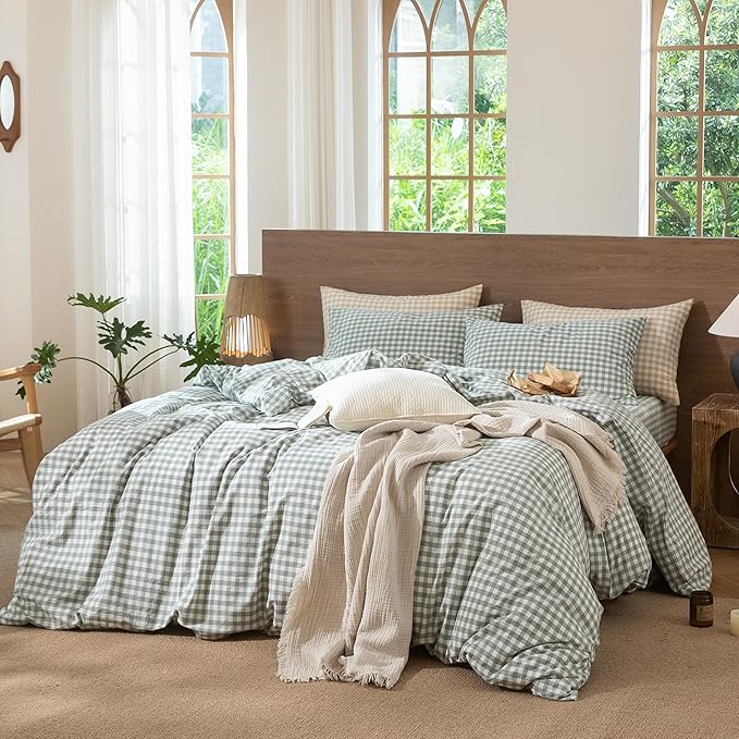 MooMee Gingham Duvet Cover Set 100% Washed Cotton Linen Like Textured Breathable Durable Soft Comfy Modern Checkered Design (Sage Green Gingham, Cal King 104"x98")
