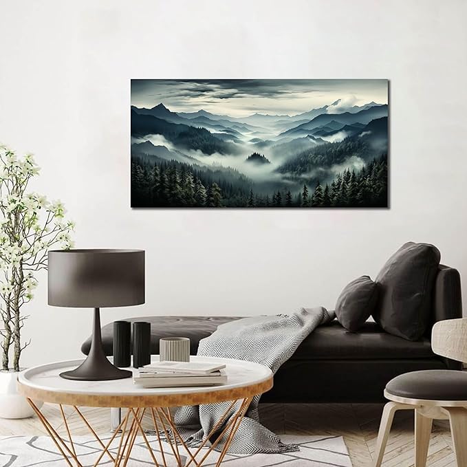 Large Living Room Wall Art Foggy Green Forest Artwork for Bedroom Home Office Nature Pictures Modern Wall Art Framed Canvas Prints 20x40 Inch