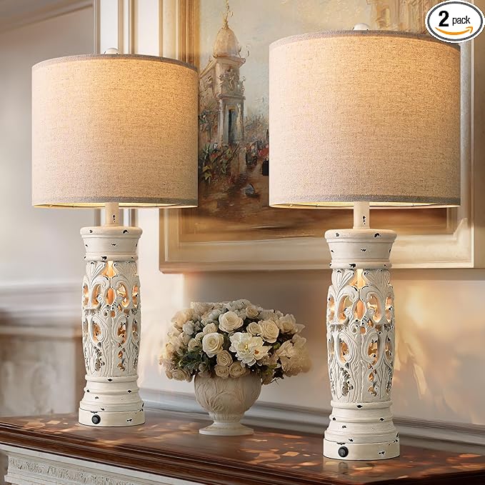 BOBOMOMO 27.25” Farmhouse Table Lamps Set of 2 – Antique White Bedside Lamps with Night Light & USB A+C Ports, Vintage Lamps for Bedroom, Living Room, Entryway, Console Table (Bulbs Included)