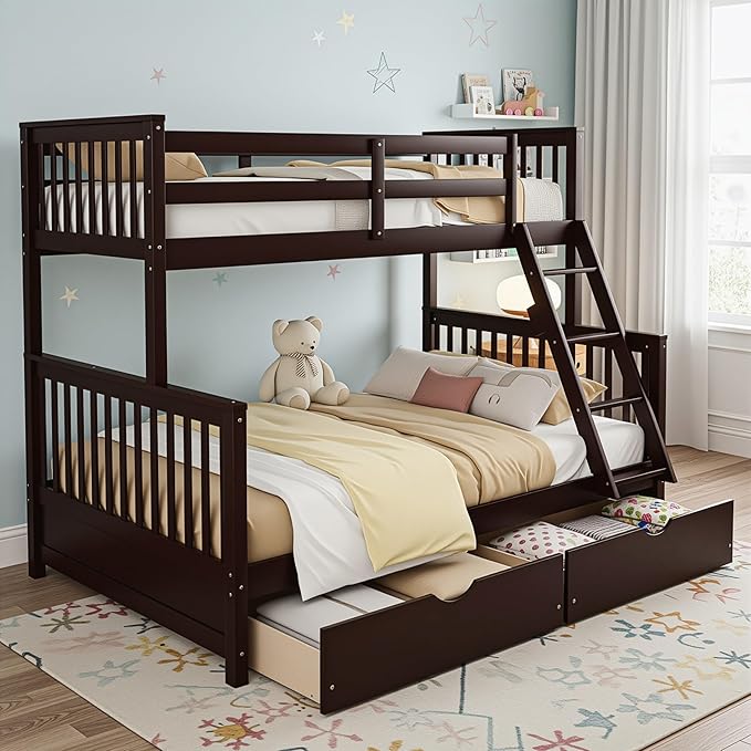 Merax Wood Bunk Bed with Two Drawers,Convertible Wood Bunk Bed with Ladders and Two Storage Drawers,Solid Wood Detachable Bed Frame with Ladders, Twin Over Full Size, Espresso