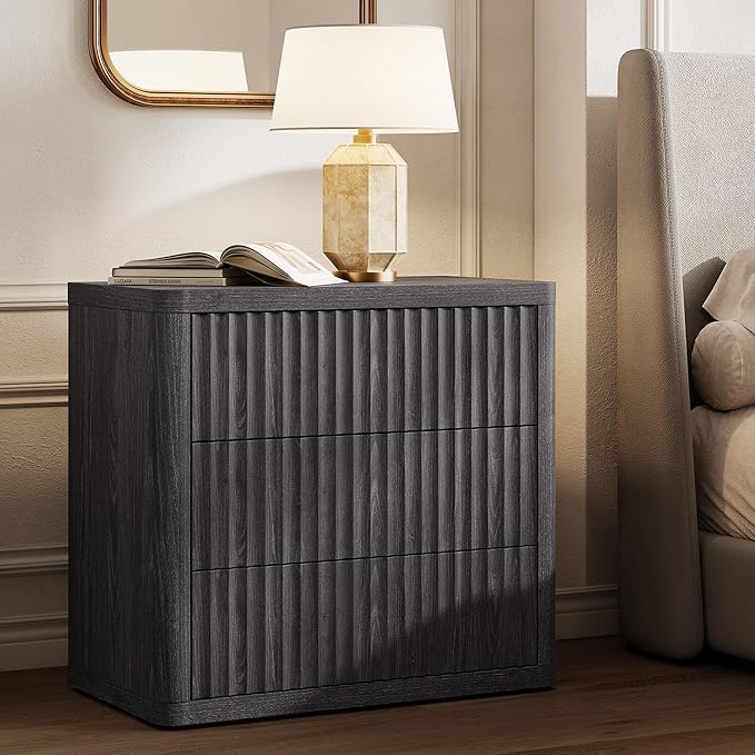 SICOTAS Night Stand Oversized Extra Large Nightstand with 3 Drawers Side Table with Storage Modern Bedside Table 27.5" W Nightstands for Bedroom Fluted End Table for Dorm Room Sofa Couch Home Office