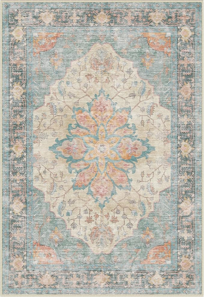 Area Rugs 3'x5' Washable Non-Slip, Floral Vintage Distress Print Pattern Medallion Carpet for Living Room Bedroom Dining Room, Blue Orange Red