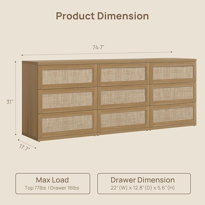 SICOTAS Dresser for Bedroom - 50" Wide 6 Drawer Dresser Rattan Dressers & Chests of Drawers Boho Drawers for Bedroom Bedside Table Clothes Large Closet Storage for Closet Hallway Entryway
