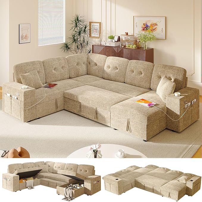 Modular Sectional Sleeper Sofa with Pull Out Bed, 108 Inch U Shaped 7 Seat Sectional Couches for Living Room, Sofa Bed with Adjustable Backrest | Hidden Storage | Wide Armrest | Khaki