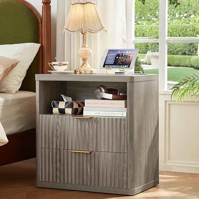 LEYAOYAO 48" Wide Fluted Dresser and 2 Drawers 23" Nightstand Set of 2, Wooden Dresser & Night Stand with Charging Station, 3 Piece Bedroom Furniture Set, Chest of Drawer for Living Room,Grey