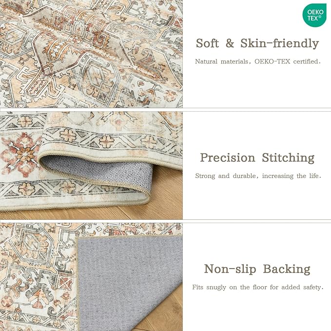 zesthome 5x7 Washable Rug-Stain Resistant Area Rugs for Living Room, Ultra-Thin Vintage Rugs, Non-Slip Backing Rug, Low Pile Large Area Rug, Boho Home Decor