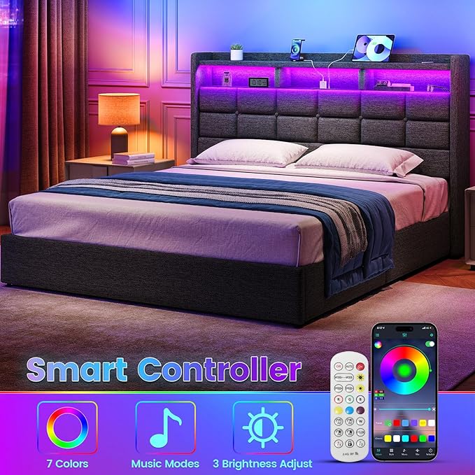 Lift Up Full Size Bed Frame with Storage, Upholstered Full Bed Frame with LED Lights Headboard and Charging Station, No Box Spring Needed, Easy Assembly - Dark Grey