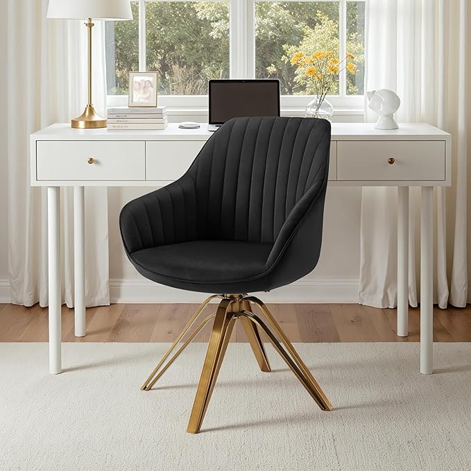 Zouron Swivel Accent Chair with Gold Metal Legs, Velvet Desk Chair Without Wheels for Living Room Bedroom Office, Black