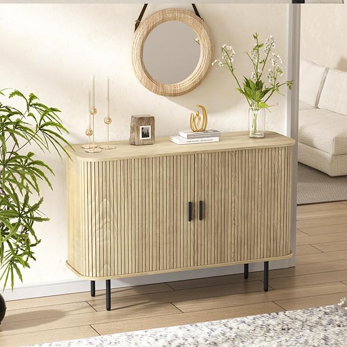 47''W x 32''H Buffet Sideboard Cabinet with Storage,Natural Fluted Storage Accent Cabinet with Curvy Edge; Sliding Door, Credenza, Console Table for Living, Dining Room, Kitchen, Hallway
