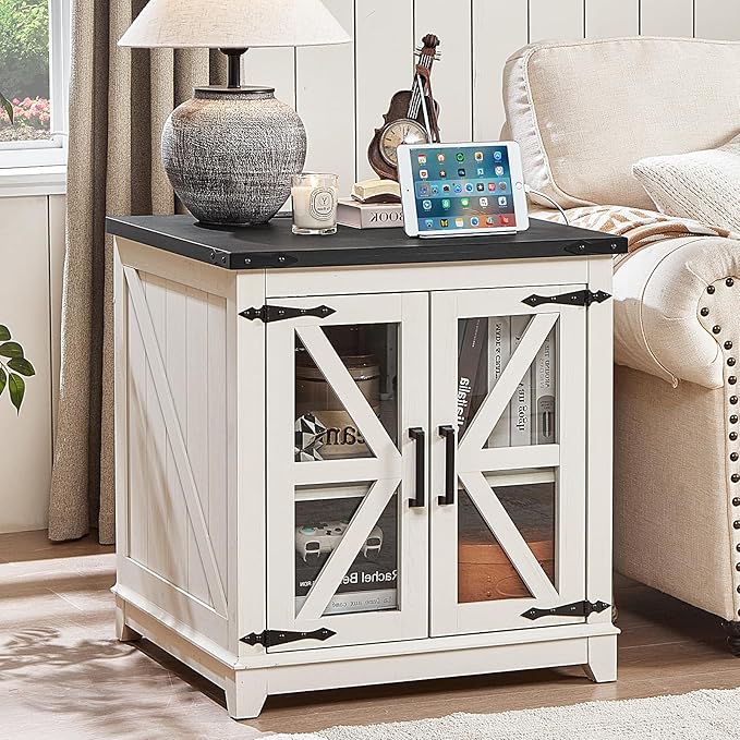 Farmhouse End Table Set 2, Narrow 18'' Night Stand with Glass Barn Door, 24" Square Side Table with Charger Station, Living Room Furniture Sets, Wood Nightstand Bedside Tables for Bedroom
