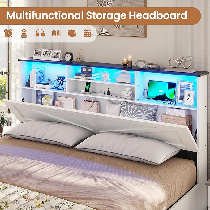 VIAGDO Farmhouse Bed Frame King Size with Bookcase Storage Headboard, Charging Station and LED Lights, Wooden King Bed Frame with 4 Drawers, Barn Door Design, No Box Spring Needed, No Noise, White