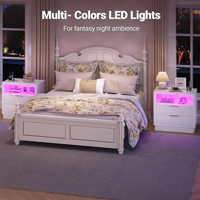 ELYKEN White Nightstand Set of 2 with Charging Station & LED Light, Fluted Bedside Cabinet with 2 Drawers, Wooden End Table with USB & Type-C Port for Bedroom Living Room