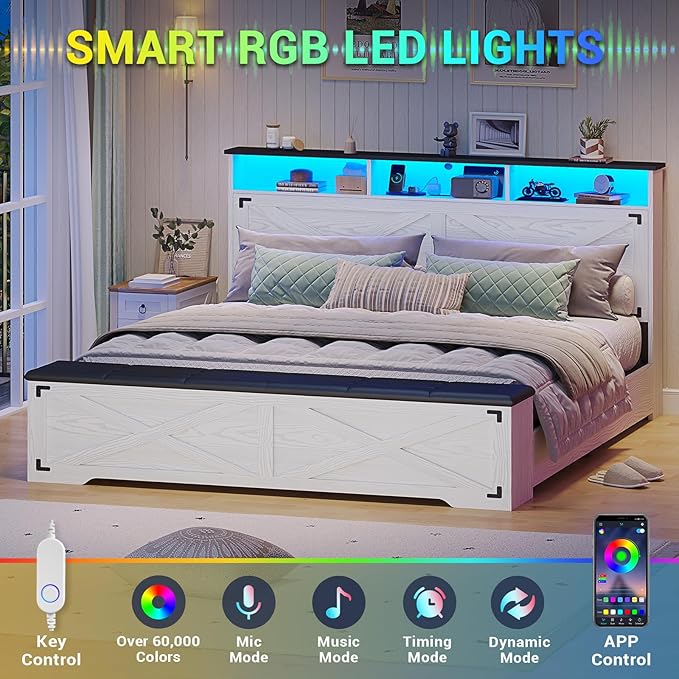 Hasuit Queen Size Bed Frame with Storage Ottoman, Farmhouse Bed Frame with Charging Station and Led Light, Headboard with Storage Rack, Metal Slats, No Noise Design, No Box Spring Needed,Walnut White