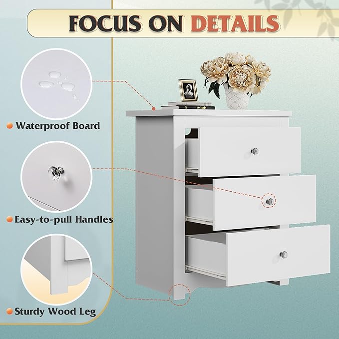 WLIVE White Nightstand with Charging Station, Wood Night Stand with 3 Drawers Storage, Tall Bedside Table End Side Tables with 2 USB Ports and Outlets for Bedroom, Closet, White
