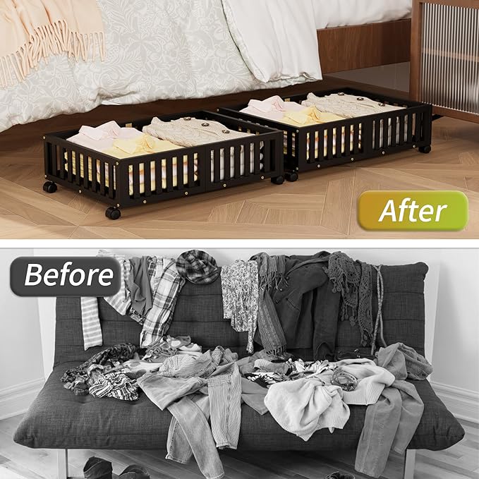 Bamboo Under Bed Storage with Wheels,Rolling Underbed Shoe Organizer Box for Shoes,Blankets,Toys,Clothes Container Space-Saving Bins for Bedroom,Closet,Dorm,Nursery