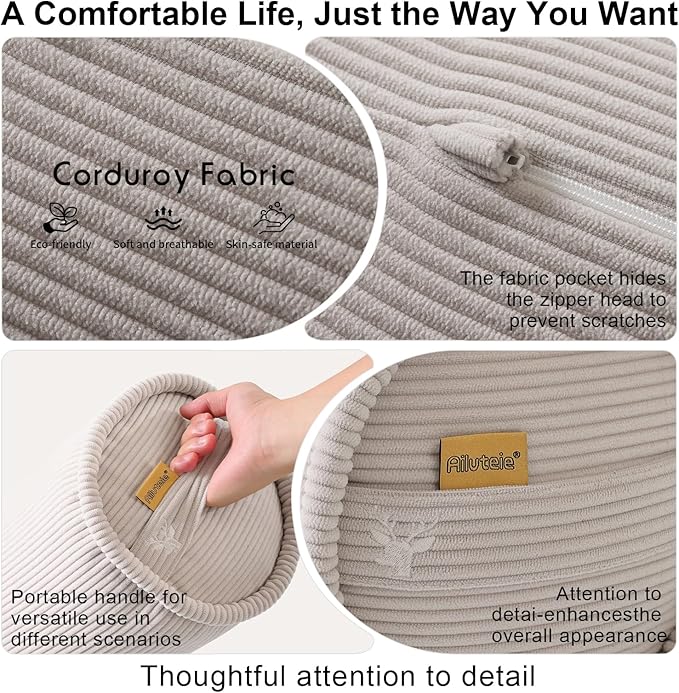 Long Bolster Pillow for Bed – Soft Corduroy Body Pillow for Adults, Ergonomic Full-Length Support for Better Sleep,47 x 7.87 Inches,Beige Gray