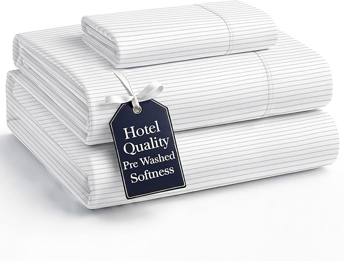 Casa Platino Twin Sheets, Pre-Washed Soft & Breathable Bed Sheets Set, 3 Piece Set, Brushed Cozy Microfiber Bedding, Fade Resistant, Deep Pocket Sheets – Ticking Stripe Silver