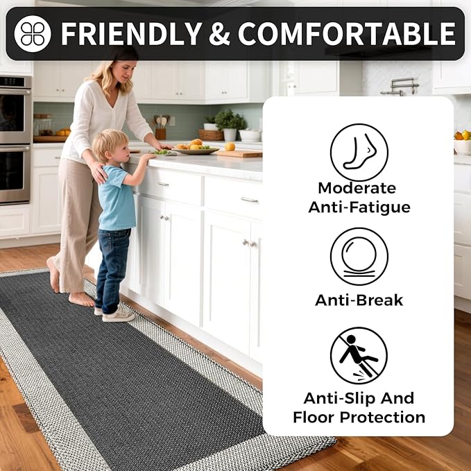 Kitchen Mats for Floor, Super Absorbent Kitchen Rugs Non Slip Washable, Soft Braided Kitchen Runner Rug, Standing Mat Kitchen Sink Mat, Easy to Clean, Black 17x59