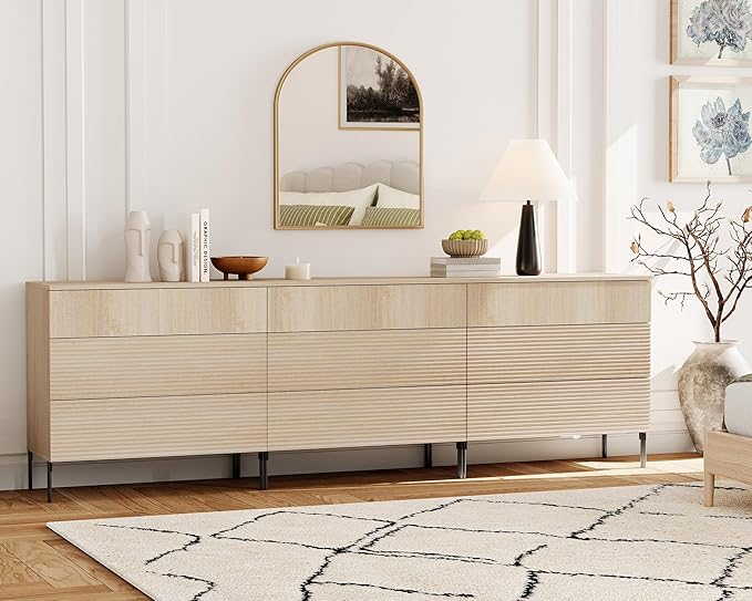 WAMPAT 94.5" W Fluted Dresser for Bedroom, Modern 9 Drawer Dresser TV Stand with Hidden Handles, Wooden Chest of Drawers Closet Clothes Storage Organizer for Bedroom, Living Room, Beige