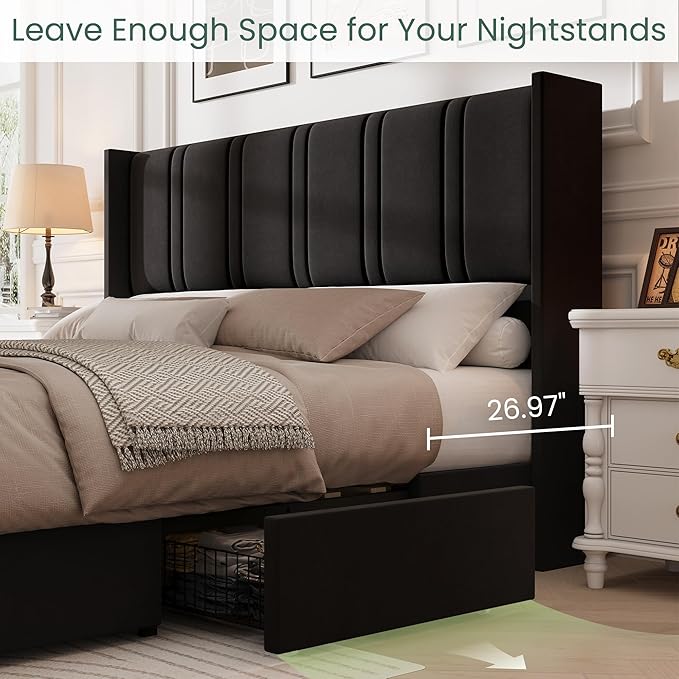 LARMACE King Size Bed Frame with 4 Storage Drawers and Wingback Headboard Velvet Upholstered Platform Bed Frame with Wooden Slats, Easy Assembly, Black