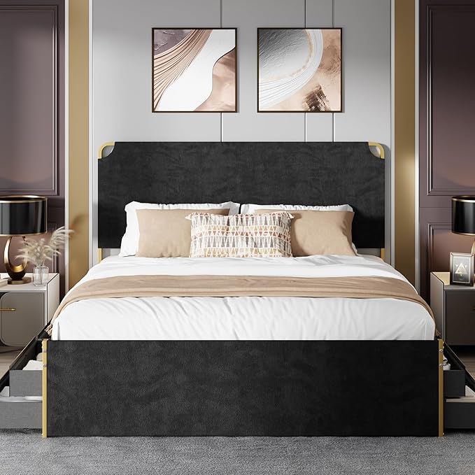 King Size Bed Frame with 12 Storage Drawers and Headboard, Metal Platform Bedframe, No Box Spring Needed, Stable and Solid, Noise Free. (Black+Velvet, King)