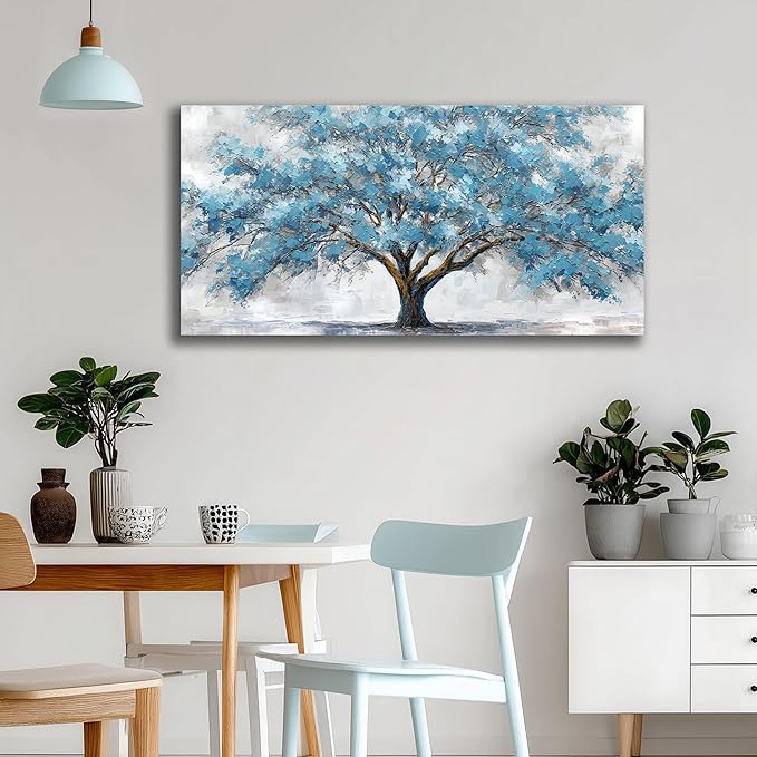 JuhaiArt Teal Wall Decor Tree Wall Art for Living Room Bedroom Home Office White Canvas Picture 24" x 48" modern Prints Art