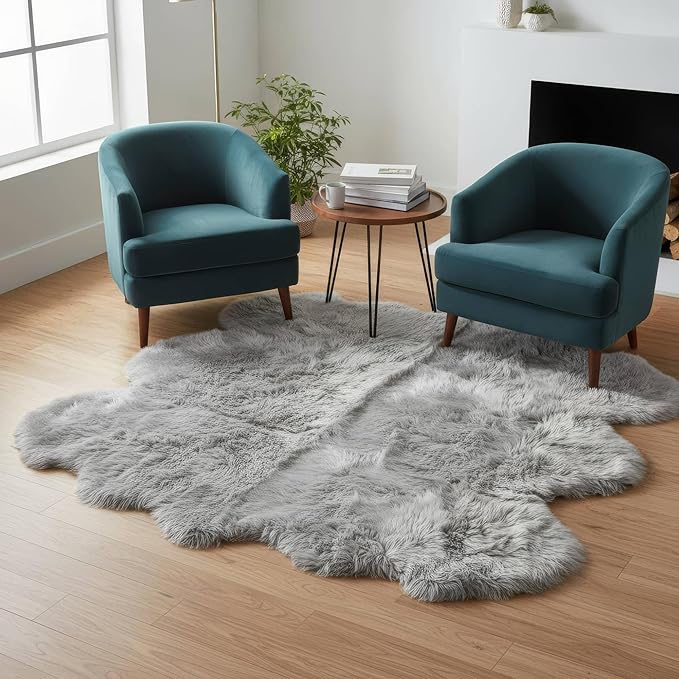 Premium Genuine Sheepskin Rug 5' x 6' Long Fur Soft & Natural Shaggy Living Room Rug, Silver Gray, Six Pelt