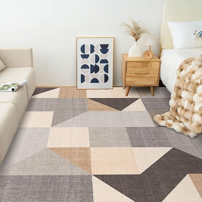 HOMFINE Washable Modern Area Rug - Geometric Style 9x12 Rugs for Living Room, Bedroom, Machine Washable Rug Soft Non Slip Non Shedding Area Rug - Grey Brown, 9'x12'
