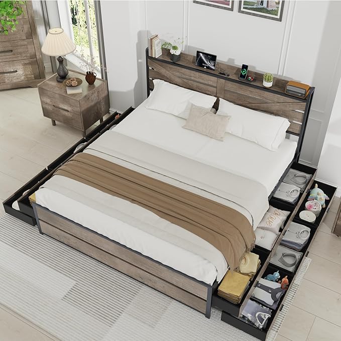 King Size Wooden Bed Frame with 12 Storage Drawers and Headboard, Farmhouse Platform Bed Frame with Charging Station, No Box Spring Needed, Stable and Solid, Noise Free. (Oak, King)