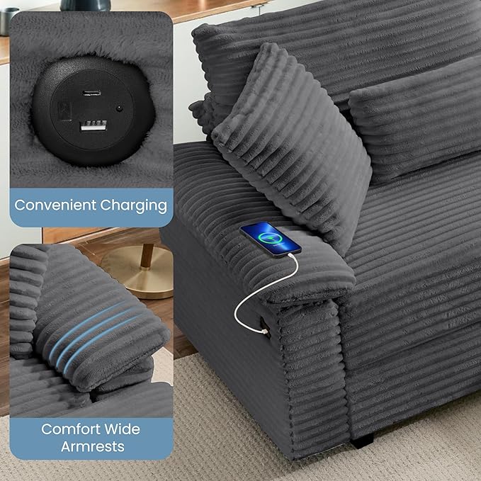 SUNWAVE 74" Double Chaise Lounge Chair Indoor, Oversized Loveseat with Storage Ottoman, Corduroy Couch with USB Charging, Removeable Ottoman, and Coffee Table Cushions for Living Room