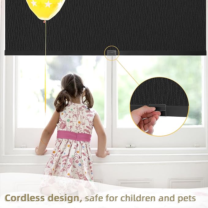 ChrisDowa Cordless Blackout Roller Shades for Windows, Striped Free-Stop Window Blinds with Privacy, Thermal Insulated Window Shades for Home, Office and Door. Black, 56" W x 72" H