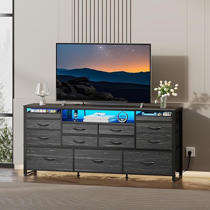 WLIVE Black TV Stand for 55, 60, 65 inch TV, Entertainment Center with LED Lights & Charging Station, TV Media Console Table with 13 Fabric Drawers and Open Shelves for Living Room, Hallway, Wood Top