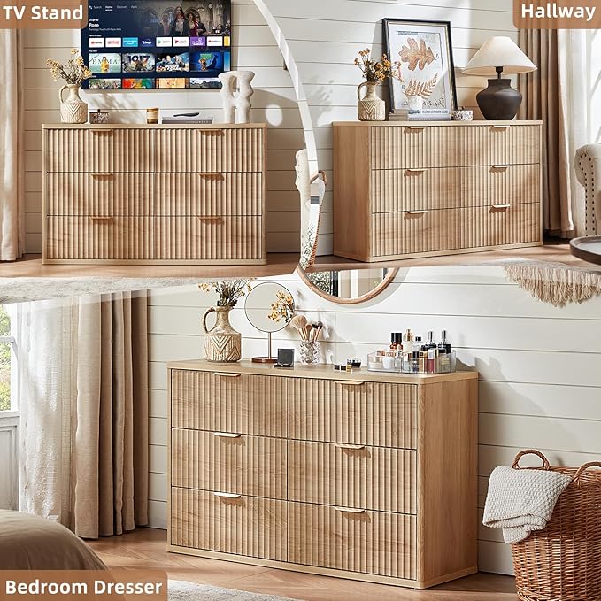 LEYAOYAO Fluted 5 Drawers Dresser Set of 2, 41" Tall Modern Chest of Drawers with Metal Handle, Curved Profile Dresser TV Stand, Wooden Drawer Organizer for Bedroom, Living Room, Hallway, Lightgrey