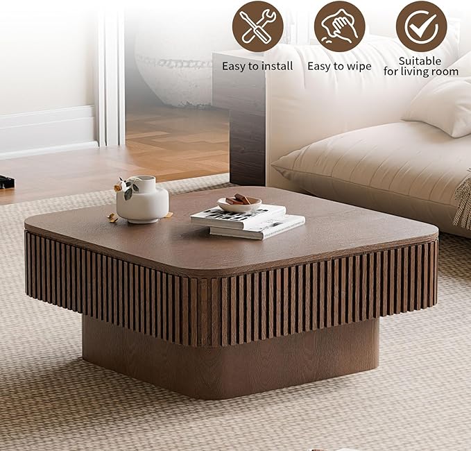 LKTART Coffee Table for Living Room, Accent Fluted Square Coffee Table with Hidden Storage, Modern Solid Wood Veneered Circle Center Tea Table for Small Space Apartment (31.5''D×14''H-Walnut)