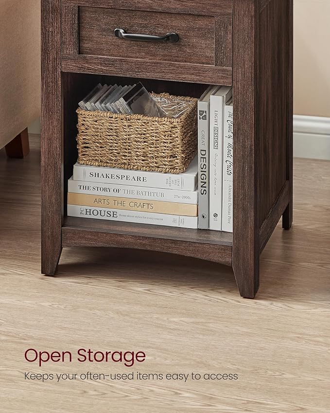 VASAGLE LIRY Collection - Farmhouse Nightstand with Charging Station, Bedside Table, Side Table with Drawer, Open Compartment, for Bedroom, Maroon Brown ULET659K51
