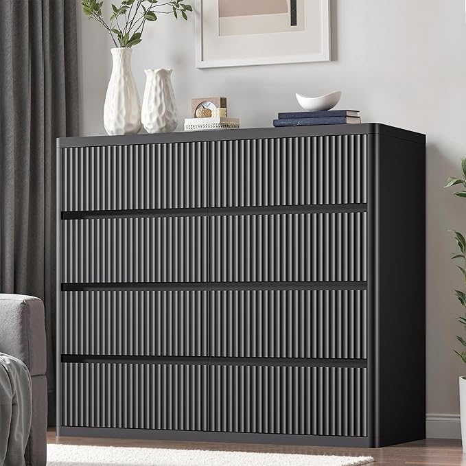 Black Dresser for Bedroom, 8 Drawers Double Fluted Dressers, Modern Chest of Drawers with Curved Profile, Handleless, Storage Closet Dressers for Bedroom, Living Room, Entryways