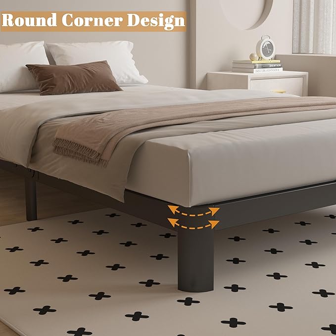 Queen Bed Frame 4 Inch Black, Metal Platform Bed Frame Queen Size with Baffles, No Box Spring Needed, Heavy Duty Steel Support, Rounded Corner Design, Reserved Holes, Noise Free, Easy Assembly