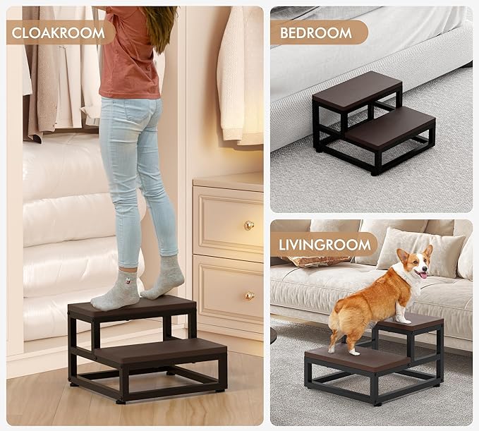 2-Step Waterproof HDPE Step Stools for Adults Kids, Heavy Duty Metal Frame Stepping Stools for High Beds, Non-Slip 2 Bedside Foot Stool with 500 Lbs+ Capacity, Kitchen, Bed, RV Step-Dark Brown