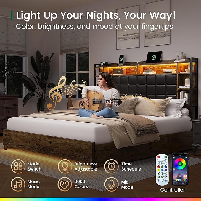 LARMACE King Size Bed Frame with 4 Storage Drawers and Bookcase Headboard, Faux Leather Upholstered, Wooden Platform Bed Frame with Charging Station and LED Lights, No Box Spring Needed, Brown