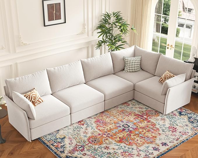ABCASA 135.5" Oversized Modular Sectional Sofa, L Shaped Convertible Couch with Movable Ottoman, 5 Seat Corner Couches for Living Room Deep Seat White Chenille