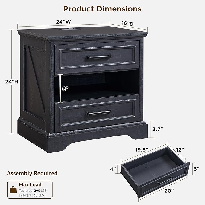 ACCOHOHO 24" Farmhouse Nightstand with Charging Station, 2 Drawers Large Bedside Table with Open Shelf, Rustic End Table for Bedroom - Black