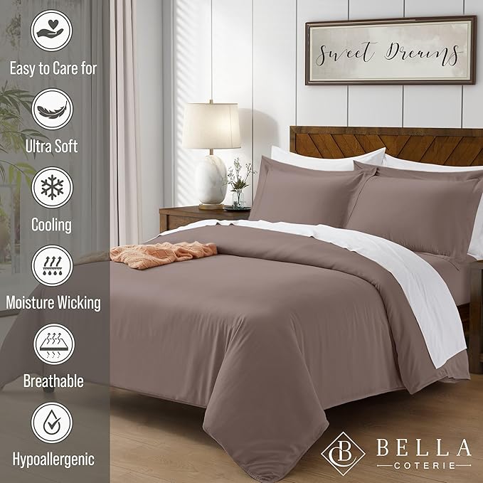 Bella Coterie Luxury Bamboo Viscose King Size Duvet Cover Set | 100% Organically Grown | Corner Ties | Ultra Soft | Cooling | Two Pillow Shams | 106 x 94 | No Insert [Mocha]