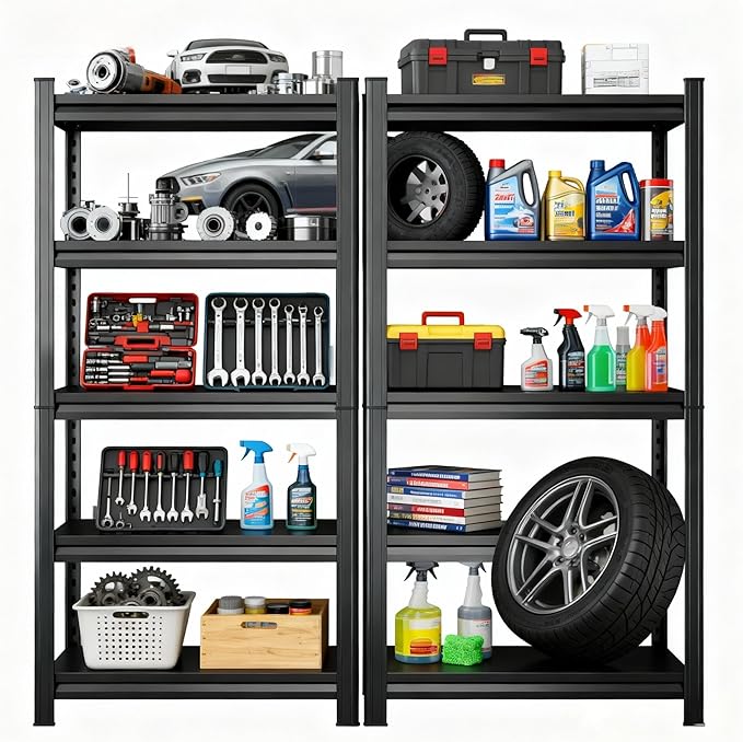 Storage Shelves, Garage Metal Shelving Unit, Adjustable, Double-Layer Column with Reinforced Ribs, Heavy-Duty, Capable of Bearing 3000 lbs, Suitable for Garage, Warehouse, Kitchen Storage